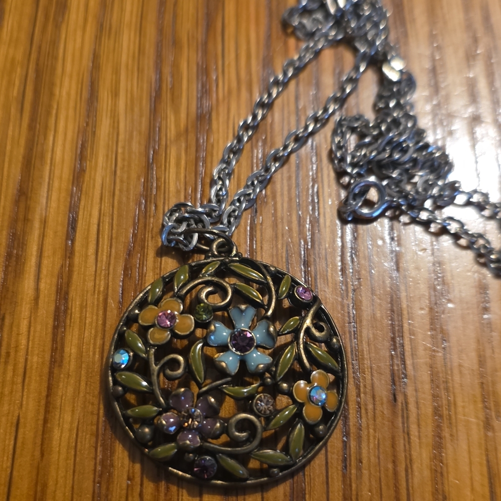 Vintage Floral Multicolor Round Pendant Necklace Statement Charm